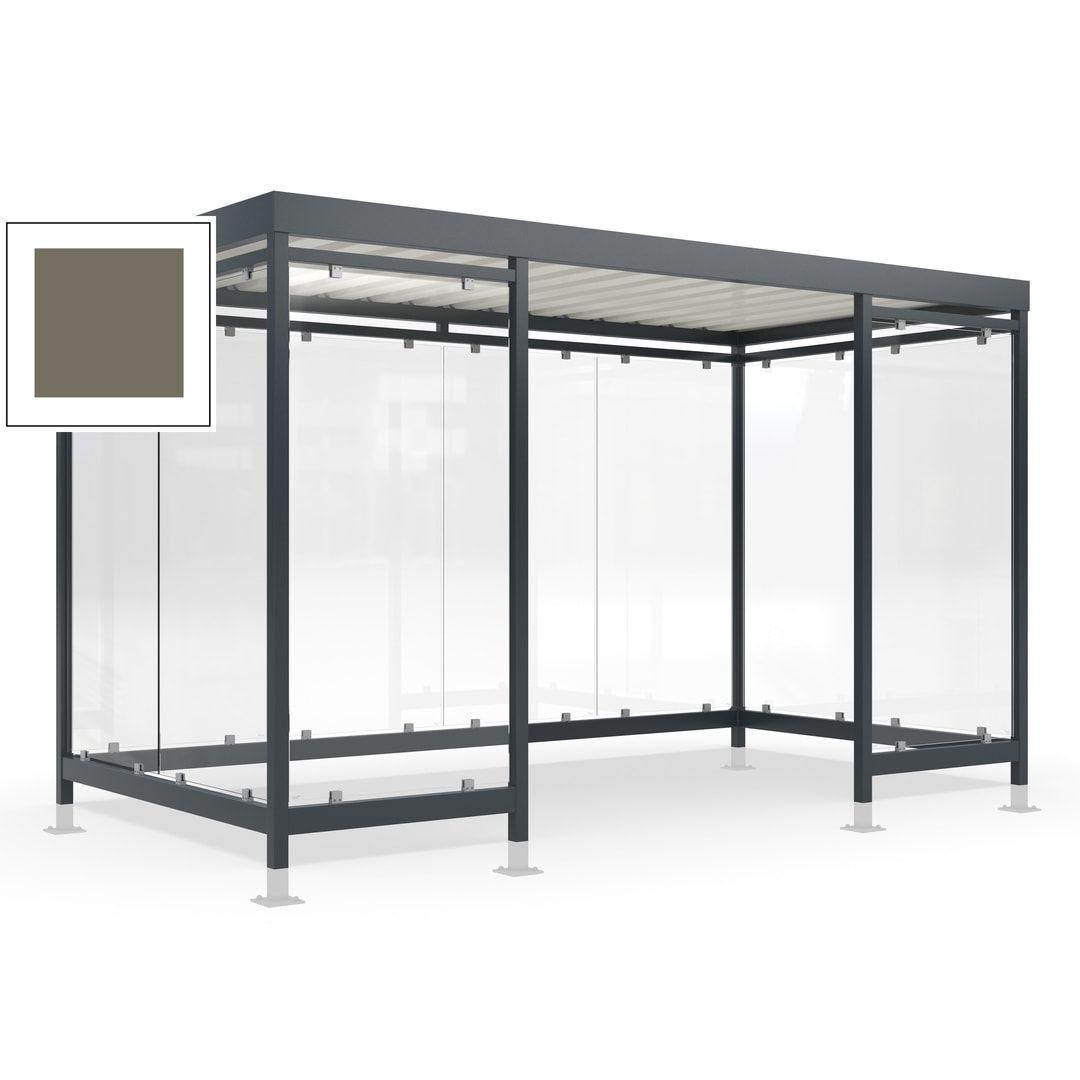 Raucherunterstand für 12-13 Personen, Bushaltestelle, mit Überpflasterung, 2.440 x 4.195 x 2.165 mm (HxBxT), 10 Wände, Achatgrau