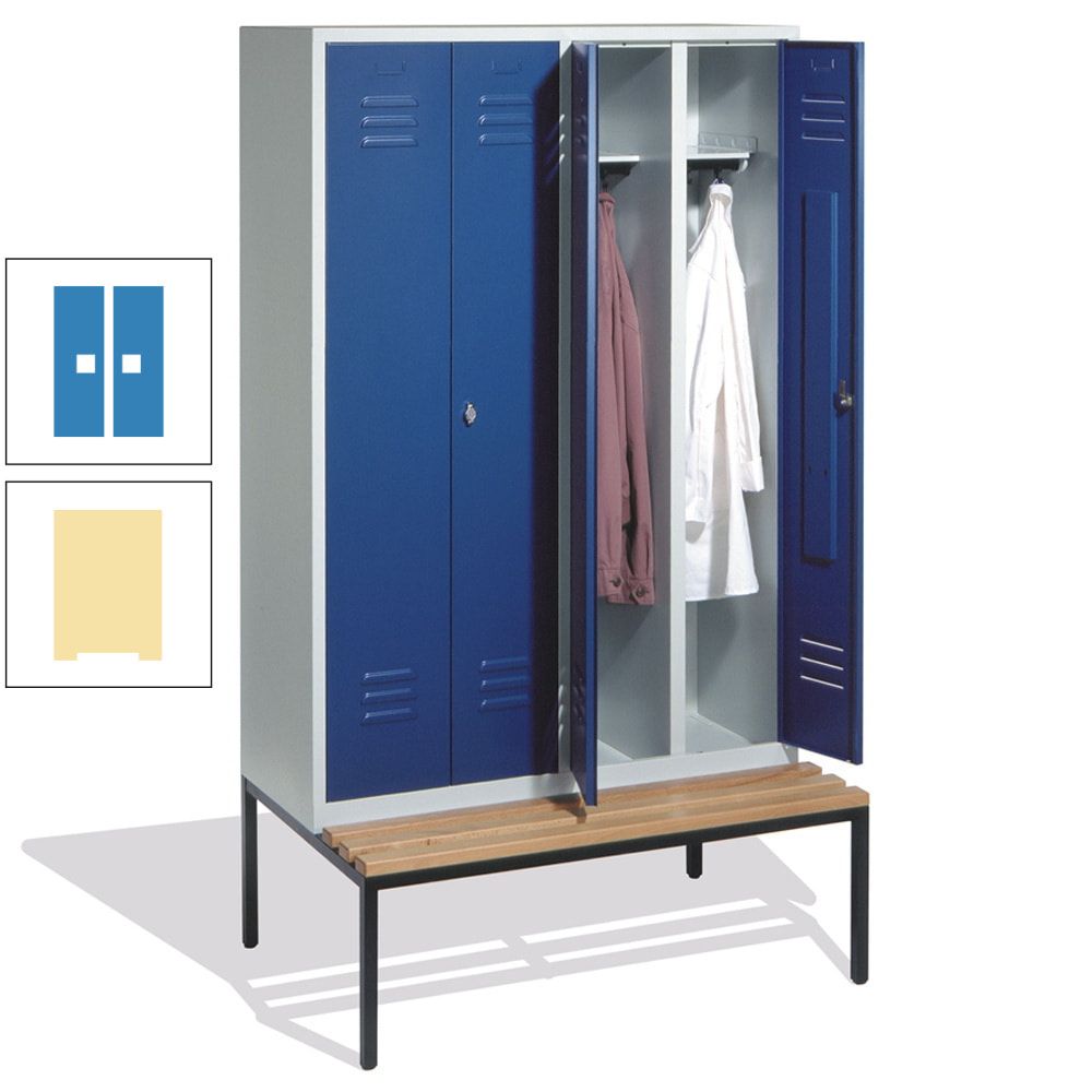 Doppel-Spindschrank, Buche Sitzbank untergebaut, 4 Abteile a 300 mm, Korpus lichtgrau, Tür anthrazitgrau, 2.090 x 1.190 x 815 mm (HxBxT)