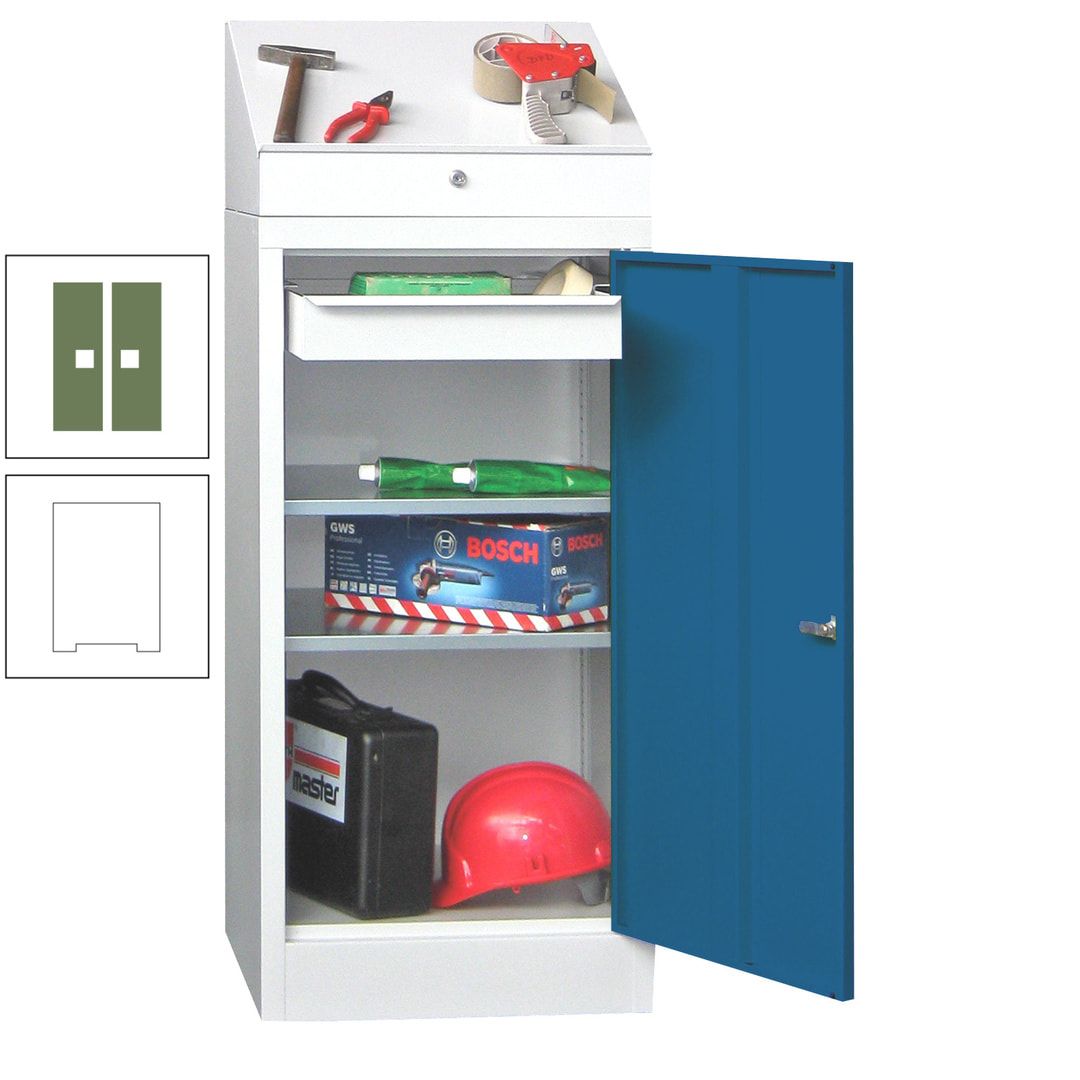 Stehpult mit Schrank - Vollblechtür - 1 Einlegeboden, 1 Ausziehboden, 1 Schublade - 1.270x500x500 mm (HxBxT) - anthrazitgrau