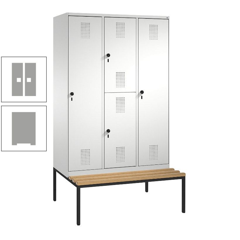 Garderobenschrank, Spind ein- und doppelstöckig Sitzbank, 3 Abteile, 4 Fächer, 2.090x1.200x500 mm (HxBxT), Front anthrazitgrau, Korpus anthrazitgrau