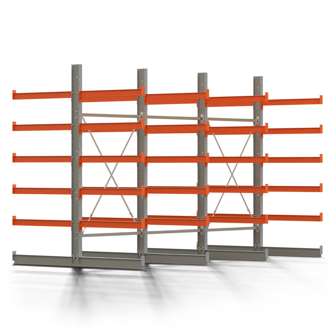 Doppelseitiges Kragarmregal, 2 Felder, 2.500 x 2.560 x 1.120 mm (HxBxT), Nutztiefe 500 mm, Kragarmlast 870 kg, KARL basic, silbergrau/reinorange