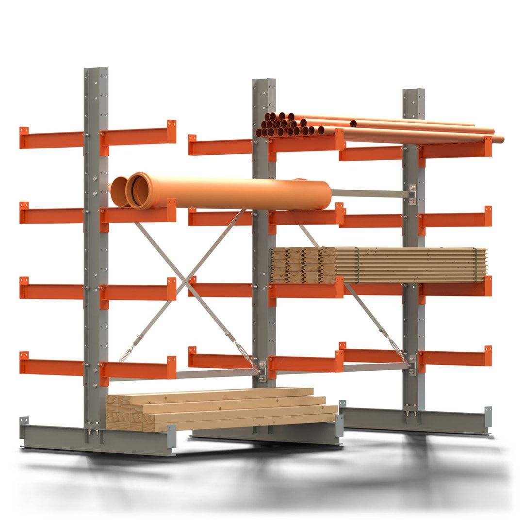Doppelseitiges Kragarmregal, 2 Felder, 2.000 x 2.560 x 1.120 mm (HxBxT), Nutztiefe 500 mm, Kragarmlast 870 kg, KARL basic, silbergrau/reinorange
