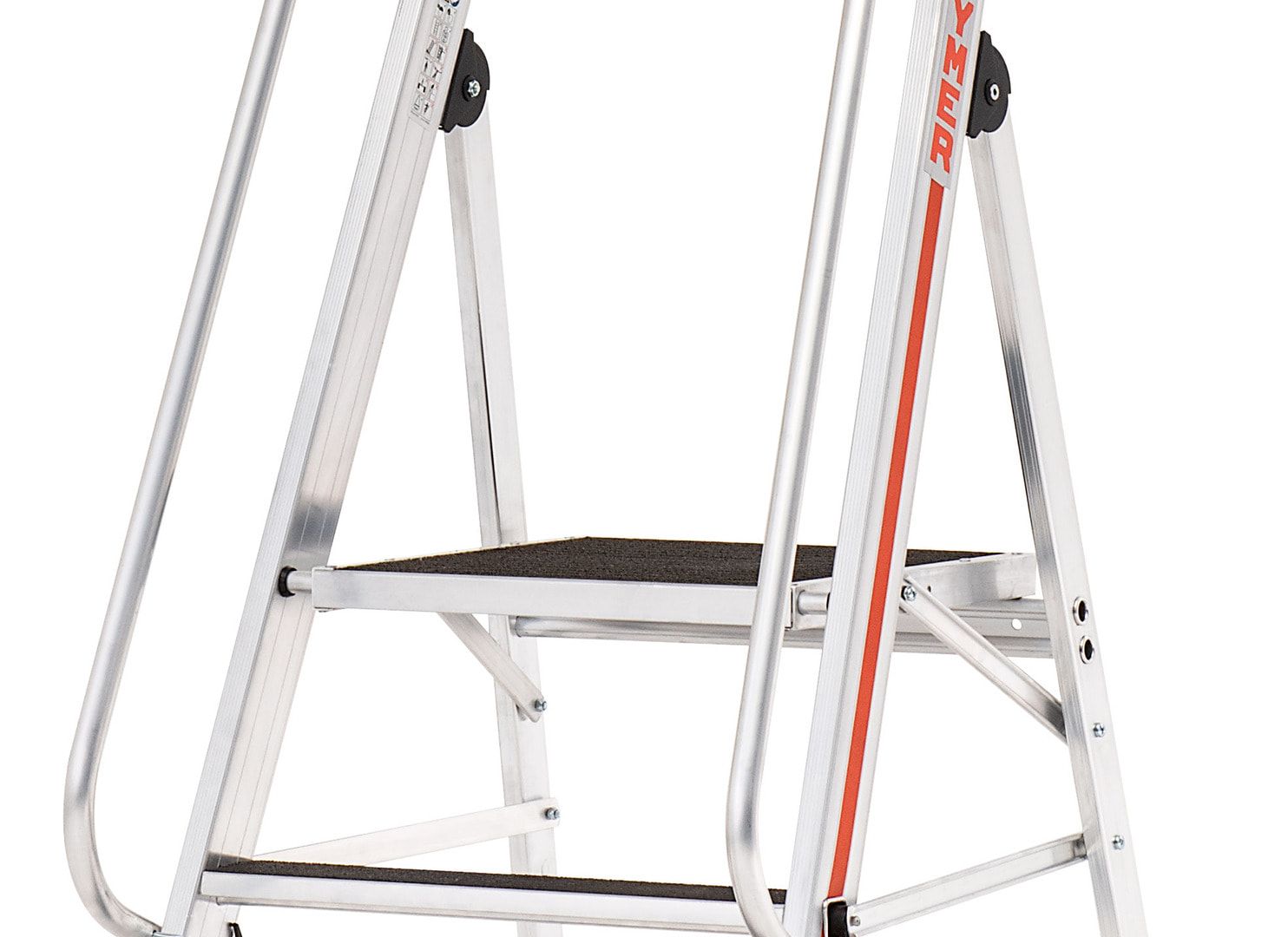 Plattformleiter mit langem Handlauf, zwei Kipprollen, Rutschhemmung R13, Ablage und Eimerhaken, Leiterlänge 1.950 mm, 4 Stufen, Traglast 150 kg, Hymer