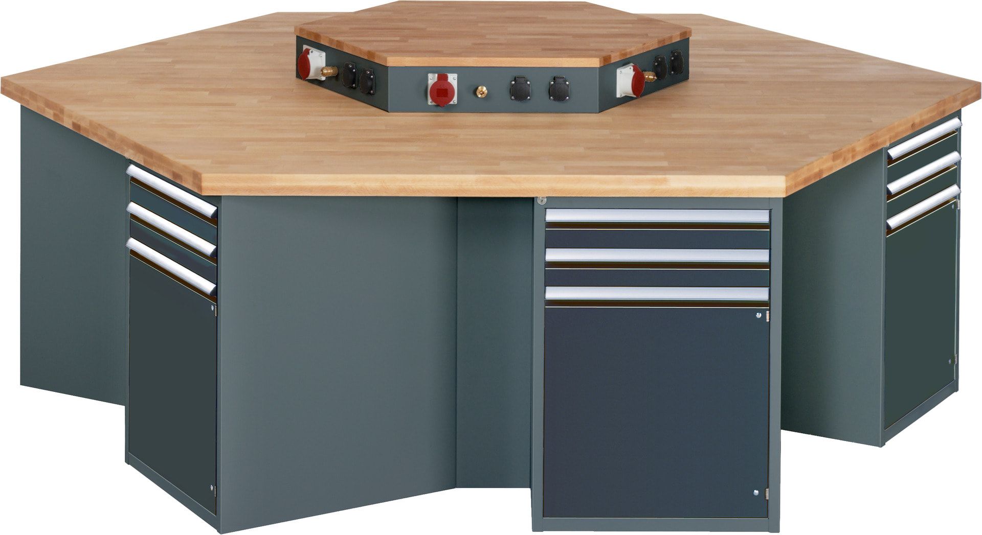 Gruppenwerkbank, Buche, Höhe 840 mm, mit Energieaufsatz, Unterbau-Container, 2 Schubladen, 1 Tür, 1 Boden - Anthrazitgrau