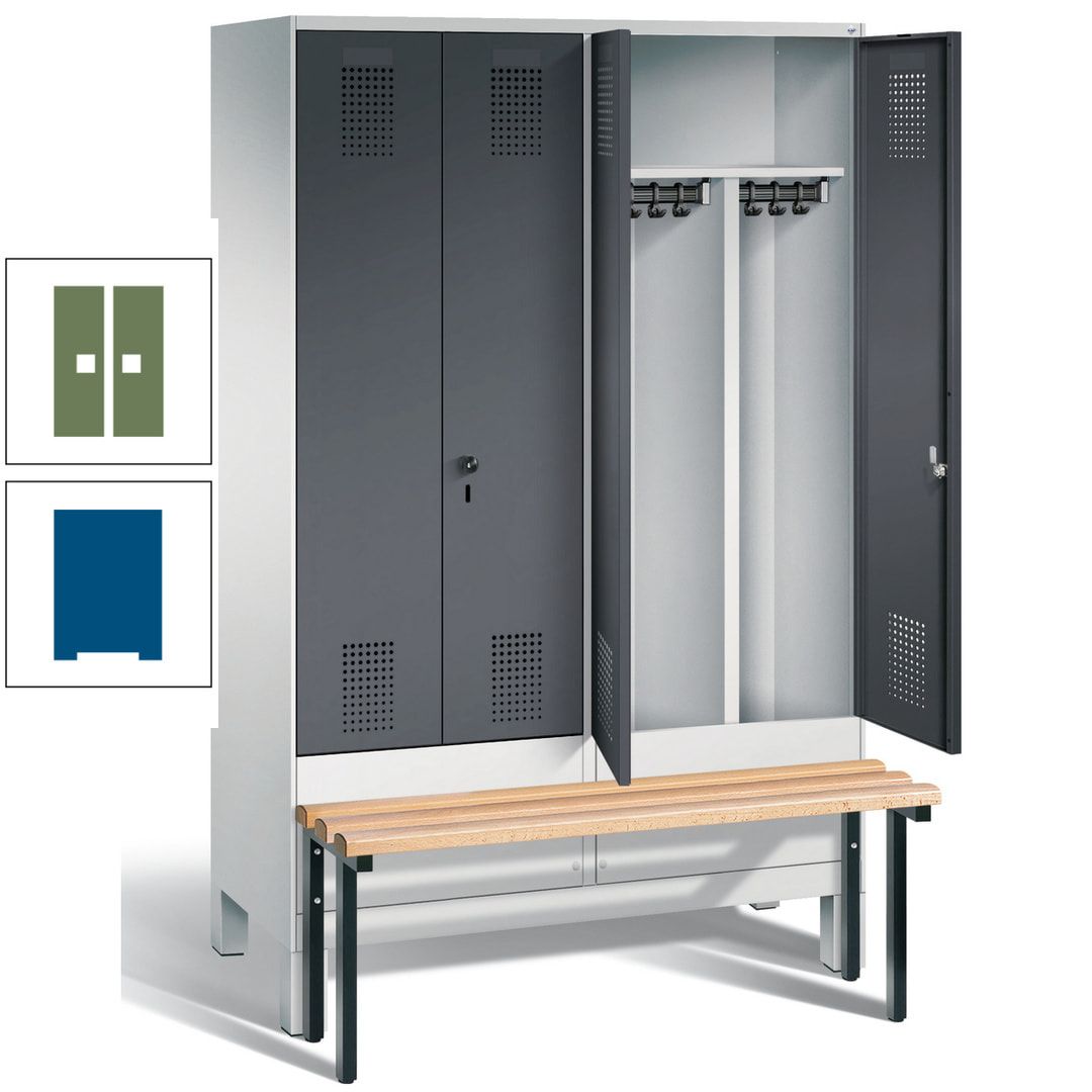 Doppel-Spind, Garderobenschrank, Buche Sitzbank vorgebaut, 4 Abteile a 300 mm, Korpus feuerrot, Tür Wasserblau, 1.850 x 1.200 x 815 mm (HxBxT)