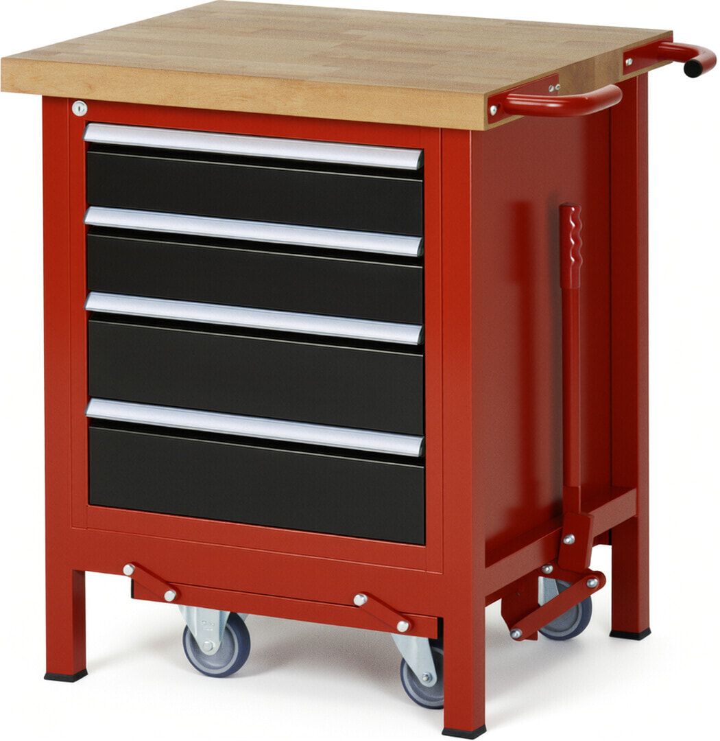Mobile absenkbare Werkbank - 4 Schubladen - Teilauszug - 120:2 / 150:2 - 880 x 750 x 700 mm (HxBxT) - 1,25 t - Buche - Anthrazitgrau
