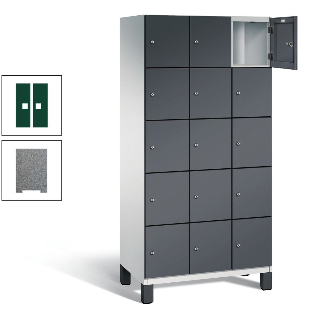 Fächerschrank, Stahlschrank, 15 Fächer, Türöffnungsbegrenzer, Füße, 1.980 x 900 x 525 mm (HxBxT), Korpus anthrazitgrau, Front anthrazitgrau