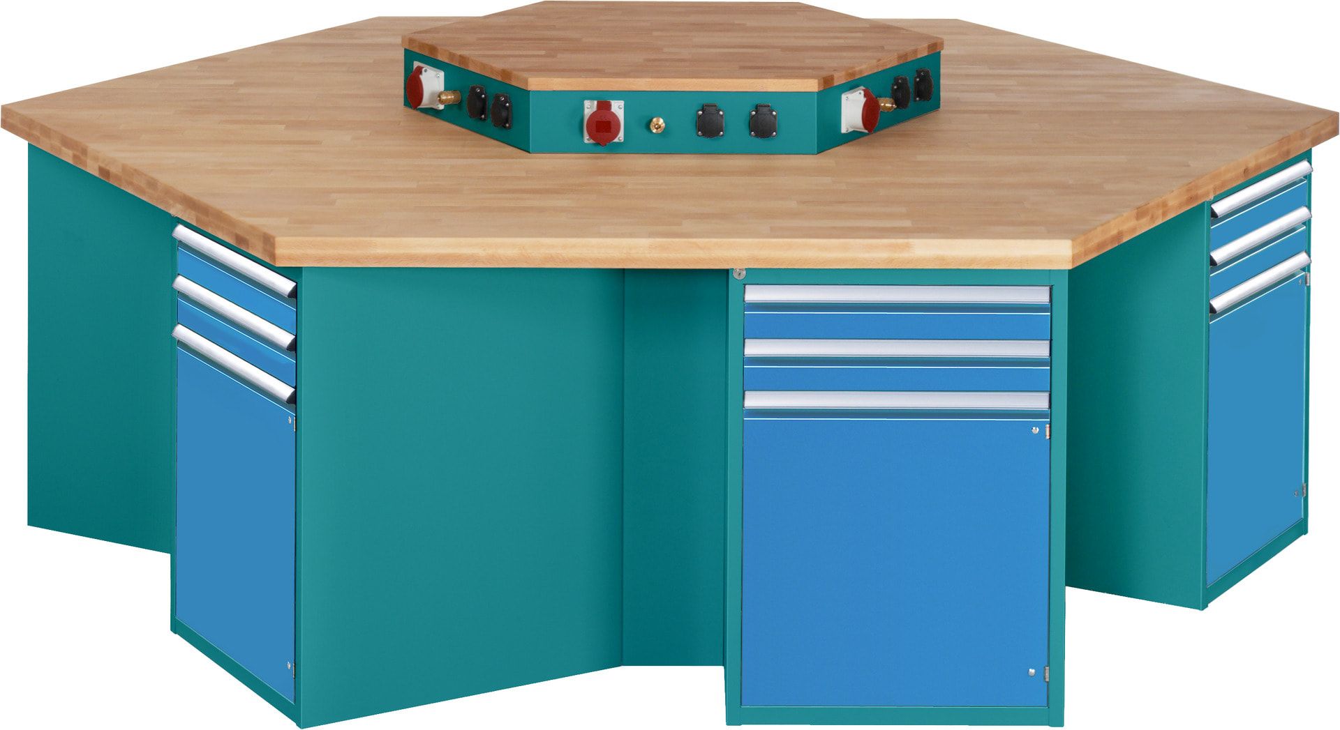 Gruppenwerkbank, Buche, Höhe 840 mm, mit Energieaufsatz, Unterbau-Container, 2 Schubladen, 1 Tür, 1 Boden - Anthrazitgrau