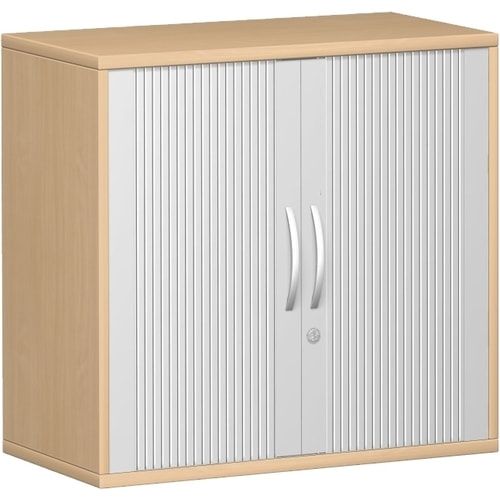 Anstell-Querrollladenschrank, Dekoreinlageboden, Stellfüße, abschließbar, 720 x 1.000 x 425 mm (HxBxT), Korpusfarbe Ahorn, Frontfarbe silber