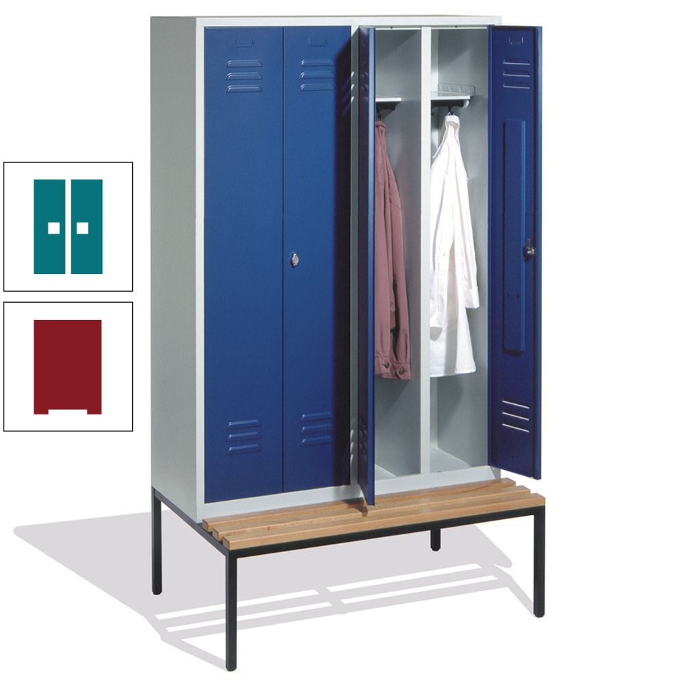 Doppel-Spindschrank, Buche Sitzbank untergebaut, 4 Abteile a 300 mm, Korpus lichtgrau, Tür anthrazitgrau, 2.090 x 1.190 x 815 mm (HxBxT)