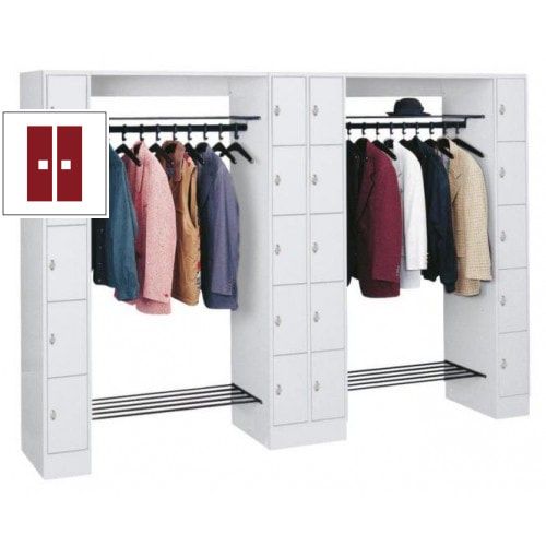 Garderobenanlage, Offene Garderobe mit Spindschrank, 20 Fächer, li./re/mitte, Farbe lichtgrau, Türfarbe enzianblau, 1.950 x 2.840 x 480 mm (HxBxT)