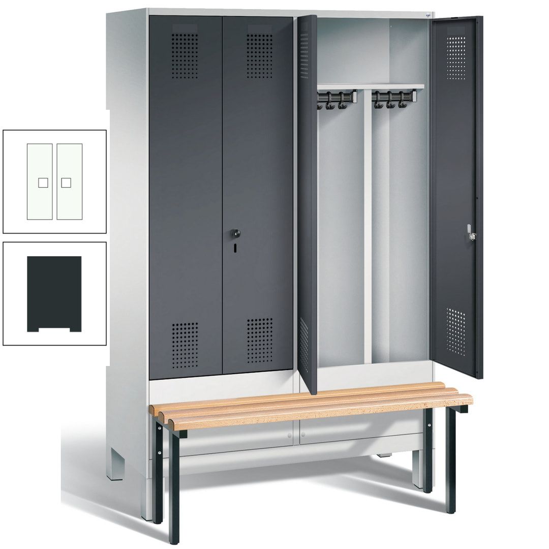 Doppel-Spind, Garderobenschrank, Buche Sitzbank vorgebaut, 4 Abteile a 300 mm, Korpus feuerrot, Tür Wasserblau, 1.850 x 1.200 x 815 mm (HxBxT)