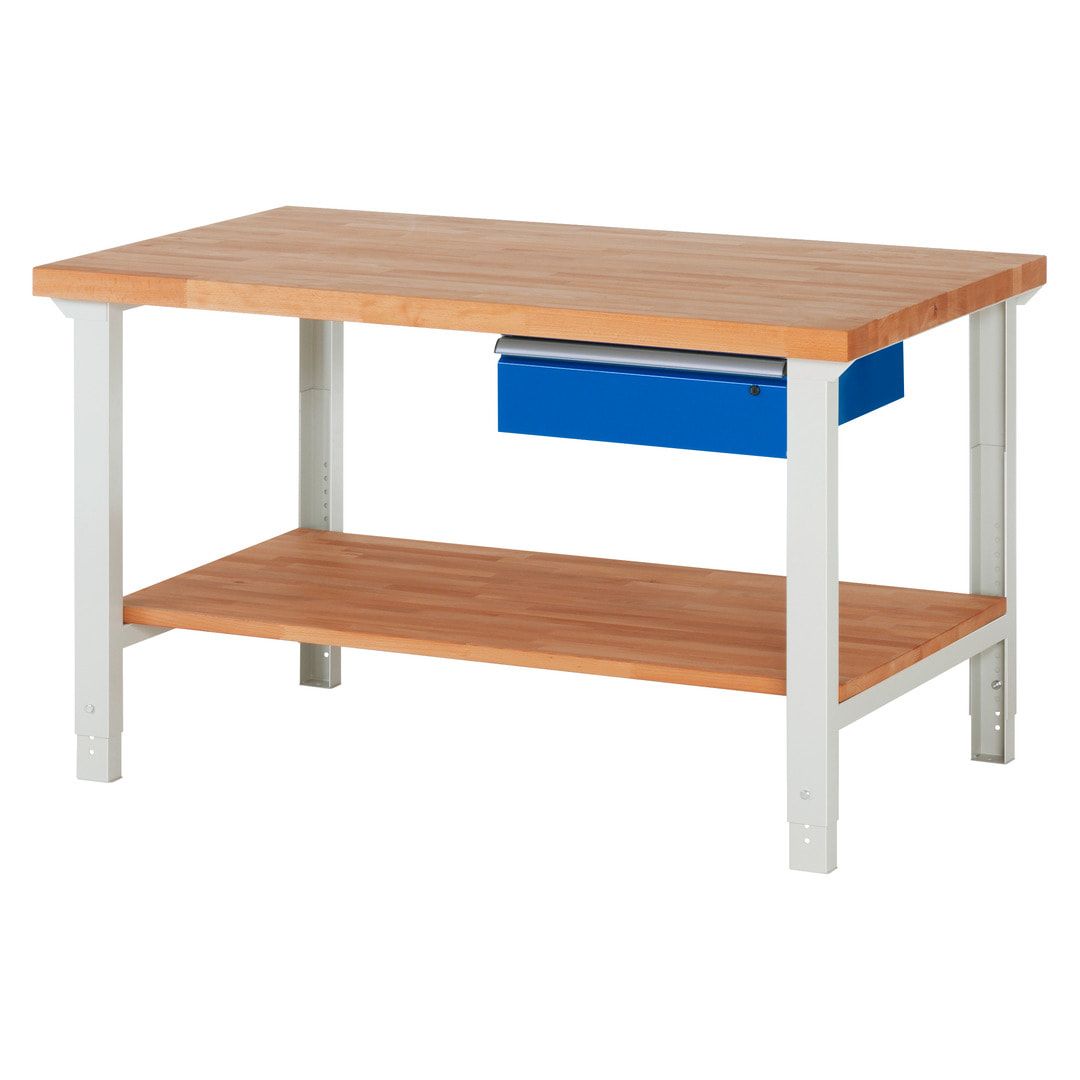 Werkbank mit Ablage - 1 Schublade - 150:1 - höhenverstellbar 790 - 1.140 mm - 1.500 x 900 mm (BxT) - 750 kg - Buche - Anthrazitgrau