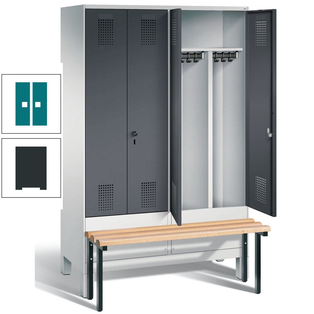 Doppel-Spind, Garderobenschrank, Buche Sitzbank vorgebaut, 4 Abteile a 300 mm, Korpus feuerrot, Tür Wasserblau, 1.850 x 1.200 x 815 mm (HxBxT)