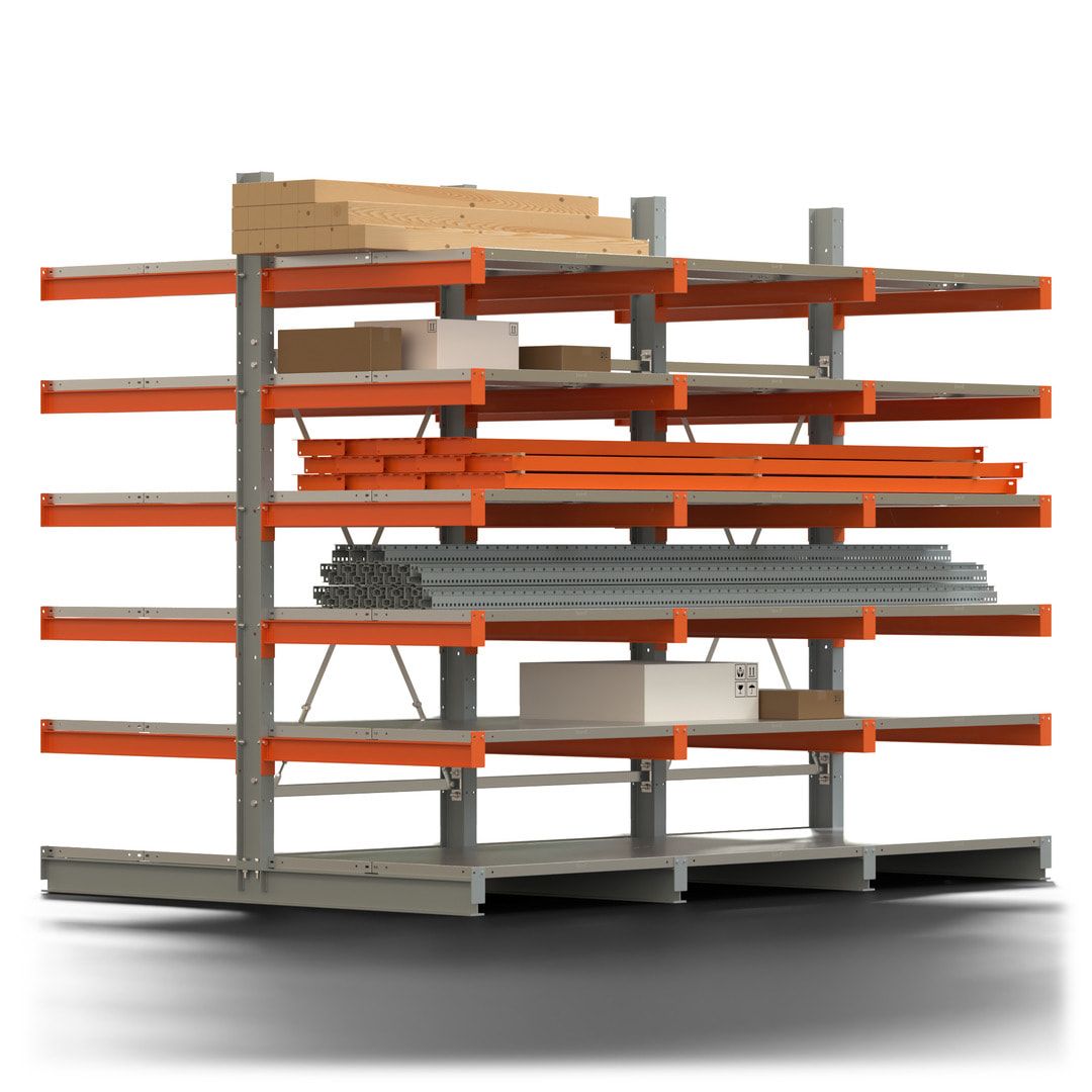Doppelseitiges Kragarmregal mit Fachböden, 2 Felder, 2.500 x 2.000 (HxB), Nutztiefe 1.000 mm, Kragarmlast 450 kg, KARL basic, silbergrau/reinorange