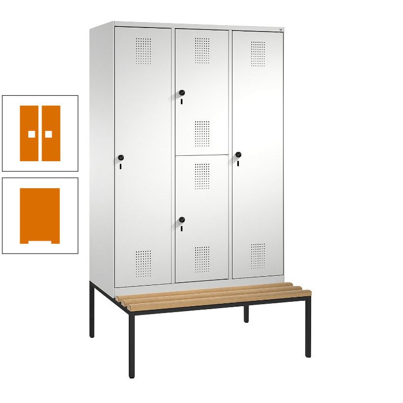 Garderobenschrank, Spind ein- und doppelstöckig Sitzbank, 3 Abteile, 4 Fächer, 2.090x1.200x500 mm (HxBxT), Front anthrazitgrau, Korpus anthrazitgrau
