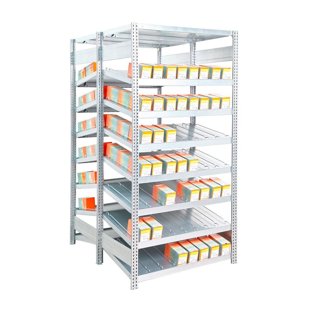 Schrägbodenregal, doppelseitig - 250 kg - 2.000 x 1.005 x 1.052 mm (HxBxT) - Anbauregal - verzinkt - Steckregal BERT