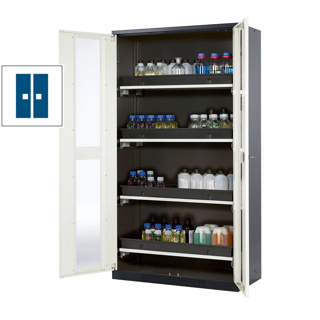 Chemikalienschrank - Falttüren - 1.950 x 1.055 x 520 mm (HxBxT) - 4 Tablarauszüge - anthrazitgrau/enzianblau