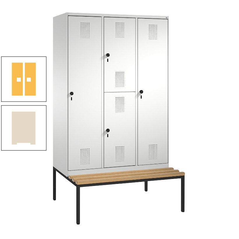 Garderobenschrank, Spind ein- und doppelstöckig Sitzbank, 3 Abteile, 4 Fächer, 2.090x1.200x500 mm (HxBxT), Front anthrazitgrau, Korpus anthrazitgrau
