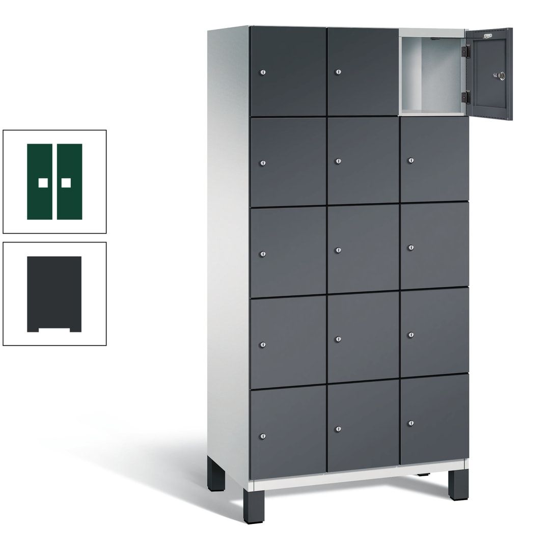 Fächerschrank, Stahlschrank, 15 Fächer, Türöffnungsbegrenzer, Füße, 1.980 x 900 x 525 mm (HxBxT), Korpus anthrazitgrau, Front anthrazitgrau