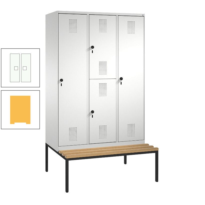 Garderobenschrank, Spind ein- und doppelstöckig Sitzbank, 3 Abteile, 4 Fächer, 2.090x1.200x500 mm (HxBxT), Front anthrazitgrau, Korpus anthrazitgrau
