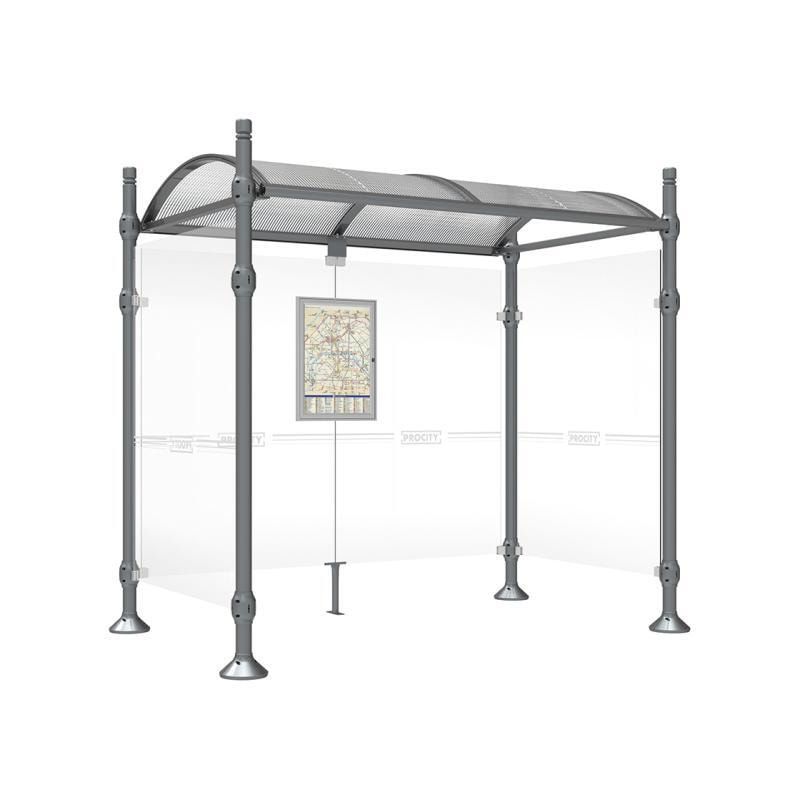 Buswartehalle, Unterstand, 2 Seitenwände, Kopf gebürsteter Edelstahl, ESG, Fahrplanschaukasten, 2.500 x 2.500 x 1.600 mm (HxBxT), Farbe enzianblau