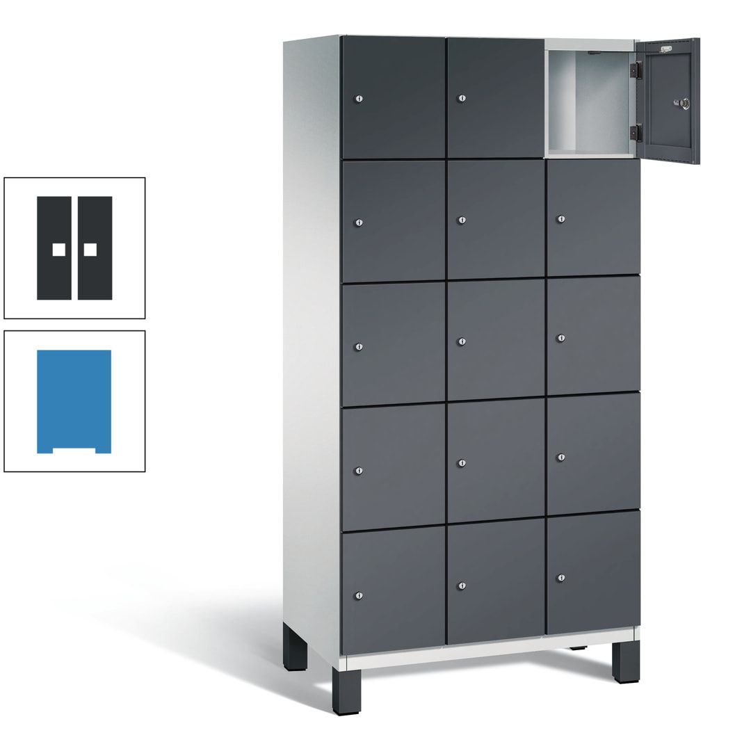 Fächerschrank, Stahlschrank, 15 Fächer, Türöffnungsbegrenzer, Füße, 1.980 x 900 x 525 mm (HxBxT), Korpus anthrazitgrau, Front anthrazitgrau