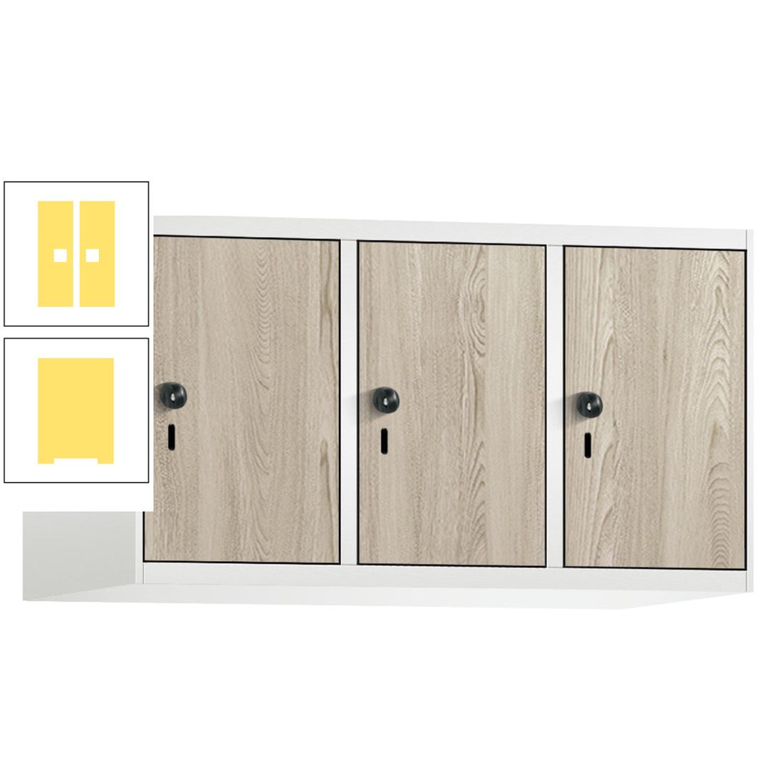 Aufsatzschrank, Schrankaufsatz, 3 Fächer a 300 mm, Farbe Pastellgelb, Tür anthrazitgrau, 500 x 900 x 500 mm (HxBxT)