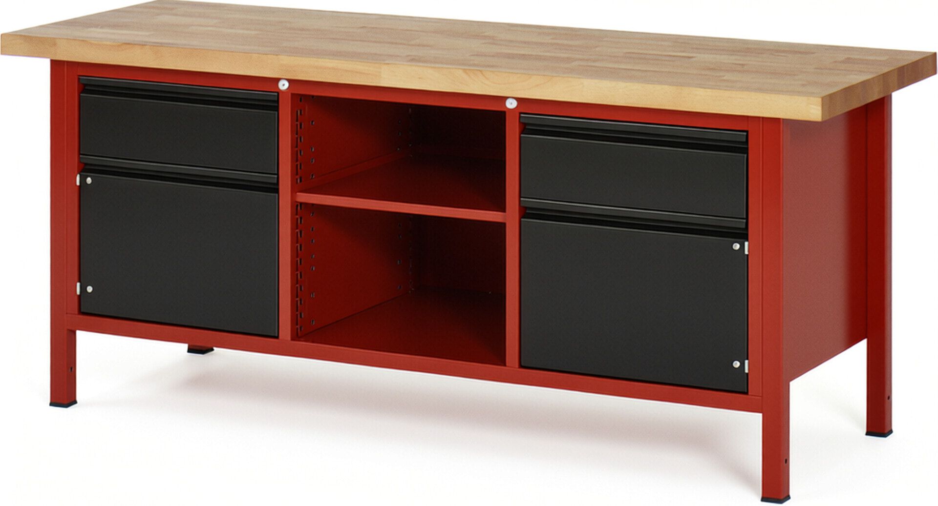 Werkbank - 2 Schubladen - 180:2 - 2 Schränke - höhenverstellbar 840 - 1.040 mm - 2.000 x 700 mm - 1,25 t - Buche - Anthrazitgrau