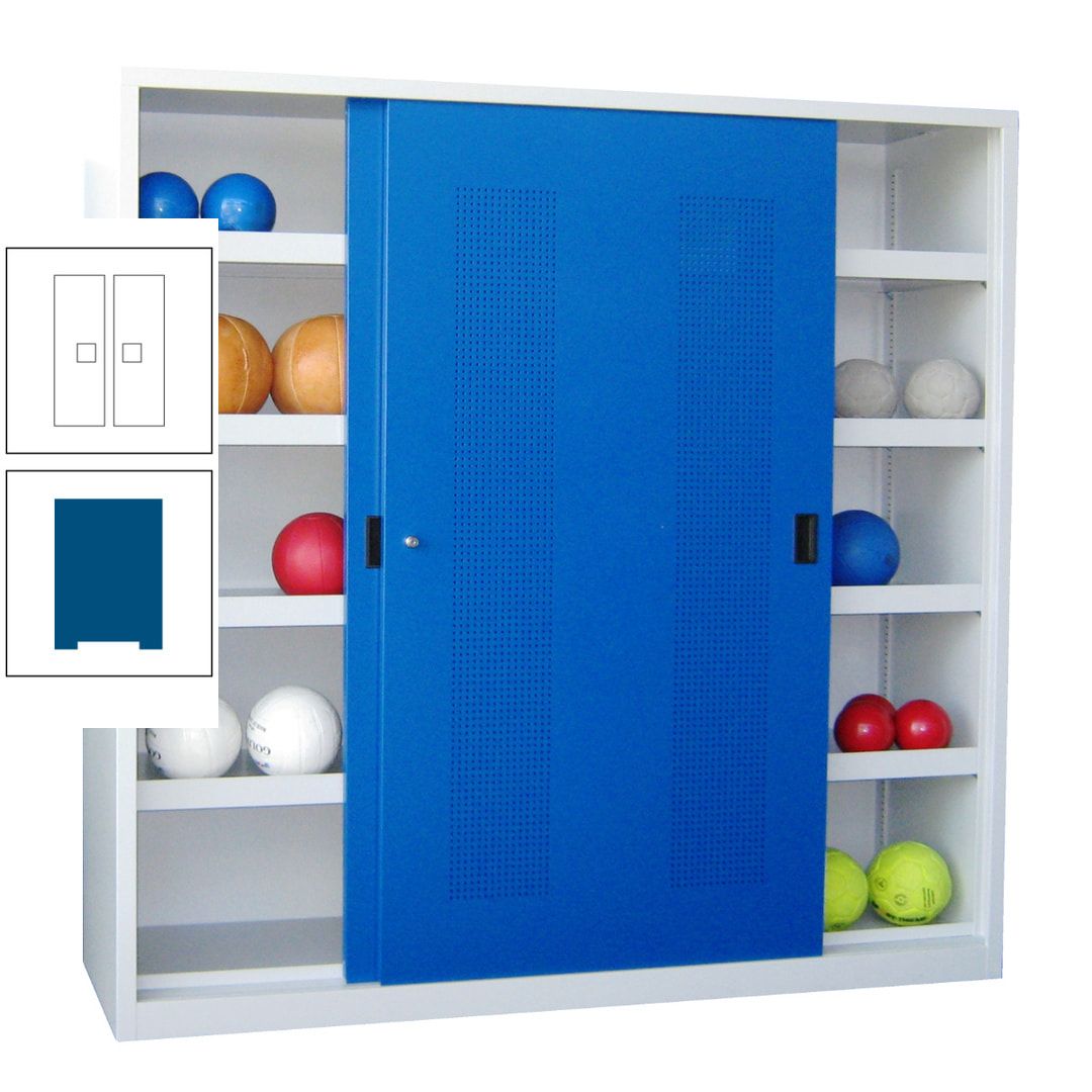Ballschrank - Schiebetüren mit Lochfeld - Trennwand - 8 Böden - 1.950x2.000x600 mm (HxBxT) - anthrazitgrau