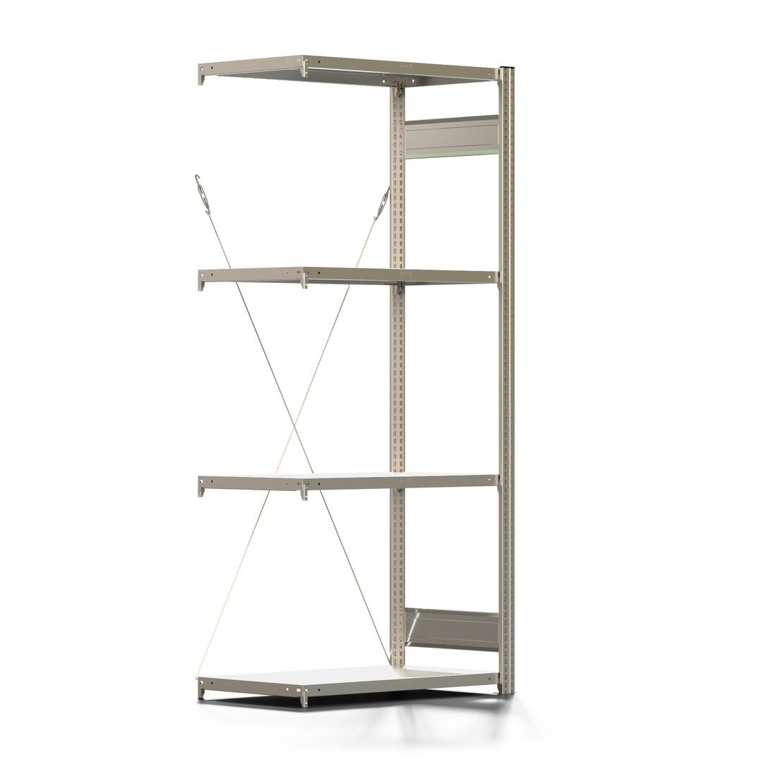 Fachbodenregal mit Tiefenriegel - 150 kg - 2.000 x 875 x 500 mm (HxBxT) - verzinkt 4 Böden - Anbauregal, Steckregal, Lagerregal, BERT