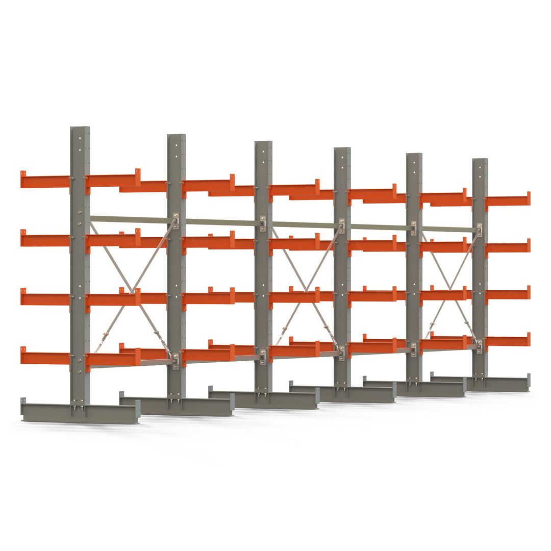 Doppelseitiges Kragarmregal, 2 Felder, 2.000 x 2.560 x 1.120 mm (HxBxT), Nutztiefe 500 mm, Kragarmlast 870 kg, KARL basic, silbergrau/reinorange