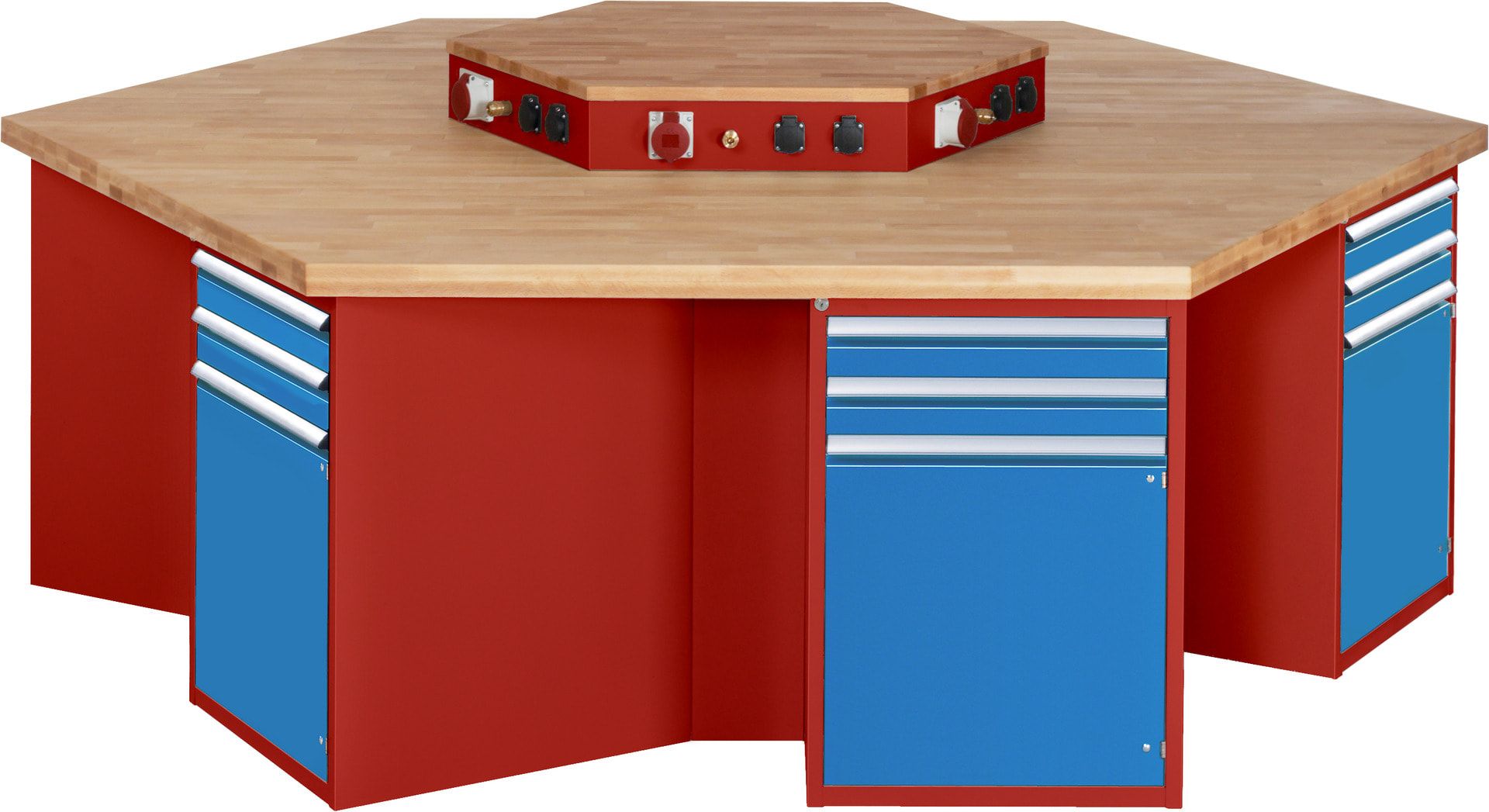 Gruppenwerkbank, Buche, Höhe 840 mm, mit Energieaufsatz, Unterbau-Container, 2 Schubladen, 1 Tür, 1 Boden - Anthrazitgrau