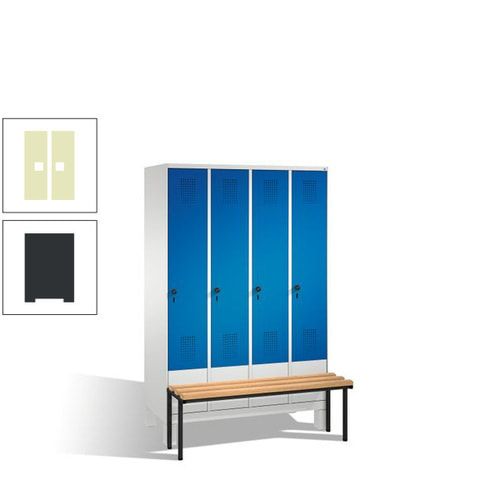 Stahl-Garderobenschrank, Spind, Buche Sitzbank vorgebaut, 4 Abteile a 300 mm, Korpus Lichtgrün, Tür Schwefelgelb, 1.850 x 1.200 x 815 mm (HxBxT)