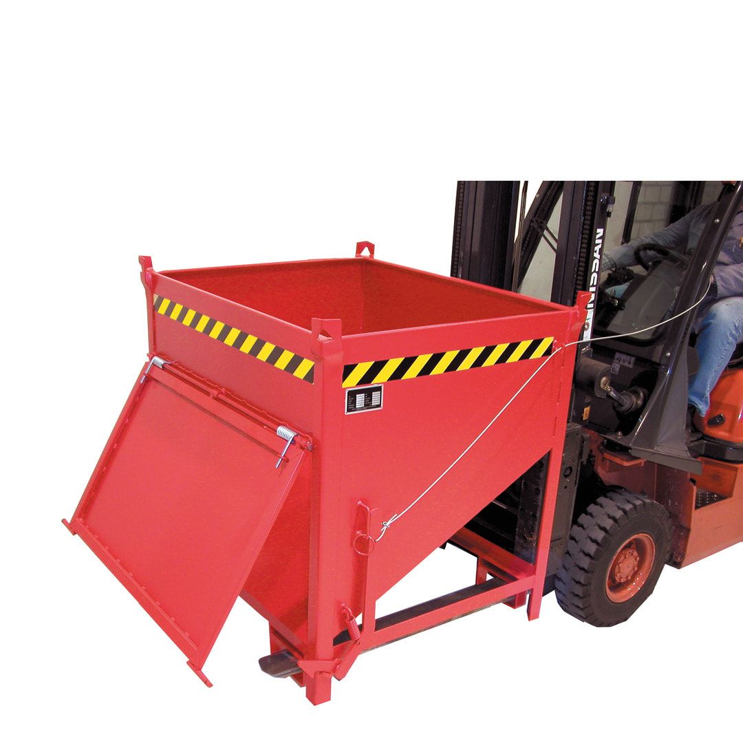 BAUER Schüttgutbehälter - Silobehälter - 500 l, 750kg - Farbe feuerrot, stirnseitige Klappe, Einfahrtaschen für Gabelstapler