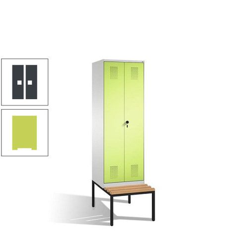 Doppel-Spind, Garderobenschrank, Buche Sitzbank untergebaut, 2 Abteile a 300 mm, Korpus anthrazitgrau, Tür anthrazitgrau, 2.090 x 600 x 815 mm (HxBxT)