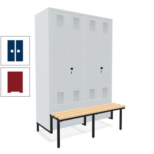 Doppel-Spind, Garderobenschrank, Buche Sitzbank integriert, 4 Abteile 300 mm, Korpus anthrazitgrau, Tür anthrazitgrau, 1.850 x 1.200 x 815 mm (HxBxT)