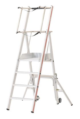Plattformleiter mit kurzem Handlauf, Alu, Absturzsicherung, 2 Kipprollen, Rutschhemmung R11, Leiterlänge wählbar, 2 - 6 Stufen, Traglast 150 kg, Hymer