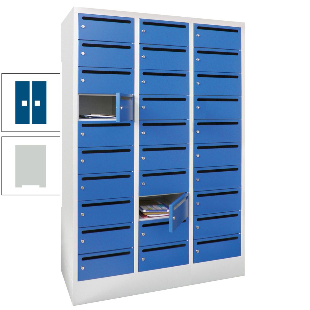 Postverteilerschrank, Schließfachschrank, 3 Abteile a 300 mm, 30 Fächer, 1.850 x 900 x 500 mm (HxBxT), Korpus anthrazitgrau, Front anthrazitgrau