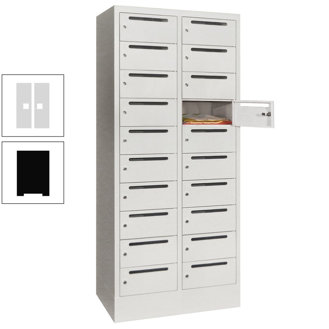Postverteilerschrank, Schließfachschrank, 2 Abteile a 400 mm, 20 Fächer, 1.850 x 800 x 500 mm (HxBxT), Korpus anthrazitgrau, Front anthrazitgrau