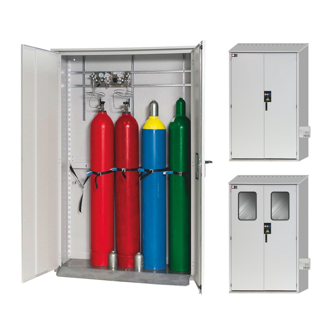 Druckgasflaschenschrank für Außenbereich, Edelstahlsockel, 5 Flaschenplätze, Türen mit Klappfenster, 2.149 x 1.356 x 400 mm (HxBxT), Farbe lichtgrau