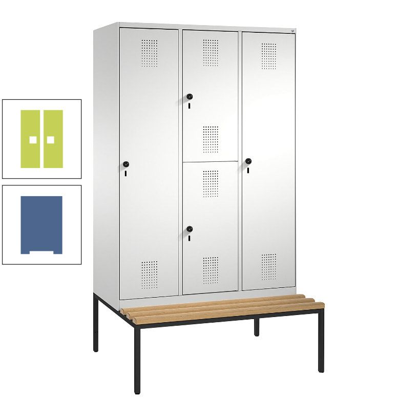Garderobenschrank, Spind ein- und doppelstöckig Sitzbank, 3 Abteile, 4 Fächer, 2.090x1.200x500 mm (HxBxT), Front anthrazitgrau, Korpus anthrazitgrau