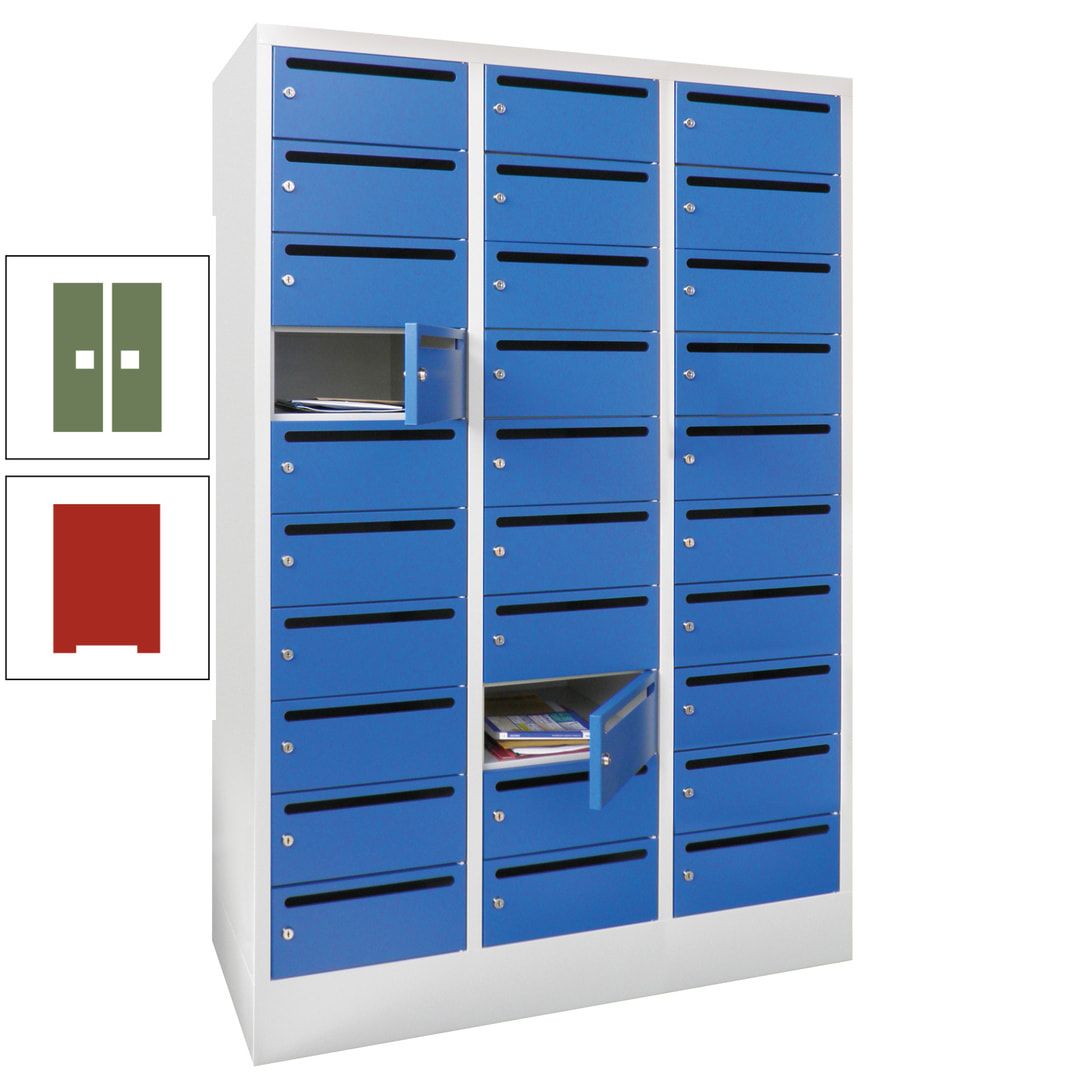 Postverteilerschrank, Schließfachschrank, 3 Abteile a 300 mm, 30 Fächer, 1.850 x 900 x 500 mm (HxBxT), Korpus anthrazitgrau, Front anthrazitgrau