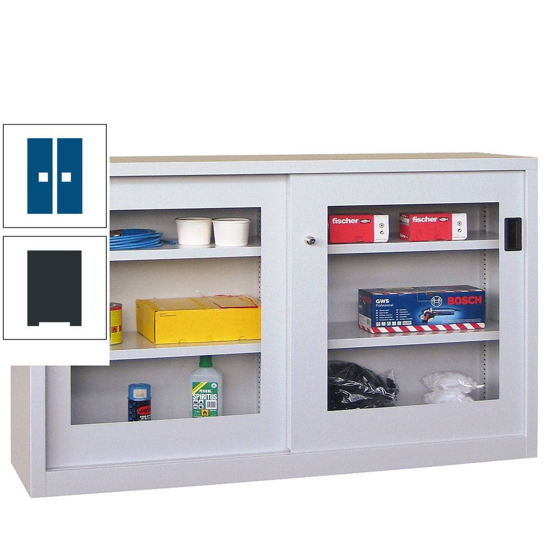 Schiebetürenschrank - Sichtfenstertüren - 1.000x1.500x600 mm (HxBxT) - 4 Böden, verzinkt - Zylinderschloss - anthrazitgrau
