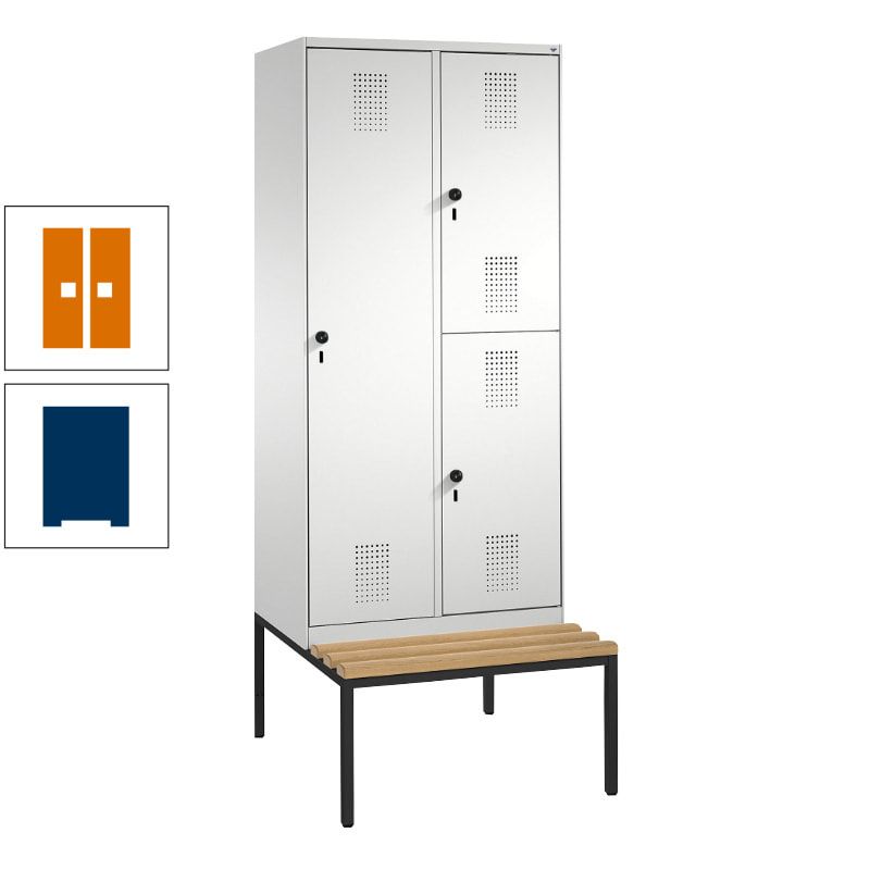 Garderobenschrank, Spind ein- und doppelstöckig Sitzbank, 2 Abteile, 3 Fächer, 2.090 x 800 x 500 mm (HxBxT), Front anthrazitgrau, Korpus anthrazitgrau