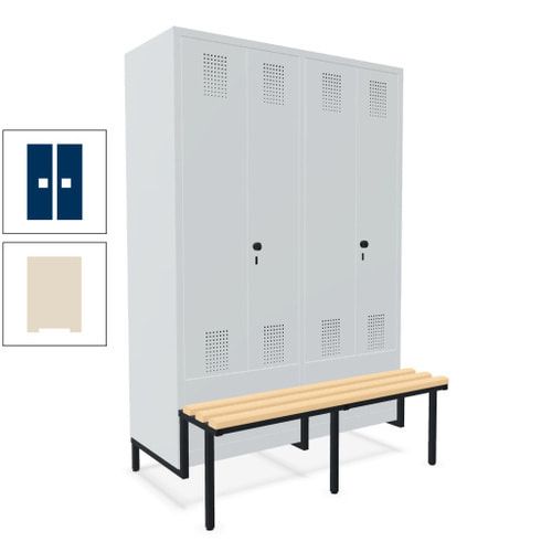 Doppel-Spind, Garderobenschrank, Buche Sitzbank integriert, 4 Abteile 300 mm, Korpus anthrazitgrau, Tür anthrazitgrau, 1.850 x 1.200 x 815 mm (HxBxT)