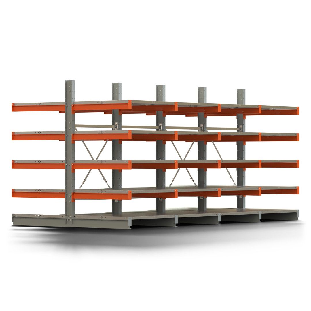 Doppelseitiges Kragarmregal mit Fachböden, 2 Felder, 2.000 x 2.000 (HxB), Nutztiefe 1.000 mm, Kragarmlast 450 kg, KARL basic, silbergrau/reinorange