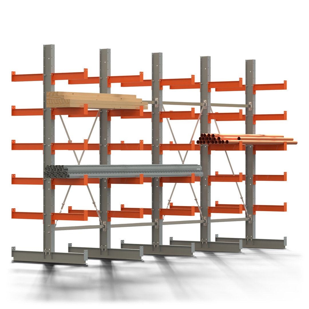 Doppelseitiges Kragarmregal, 2 Felder, 2.500 x 2.000 x 1.120 mm (HxBxT), Nutztiefe 500 mm, Kragarmlast 870 kg, KARL basic, silbergrau/reinorange