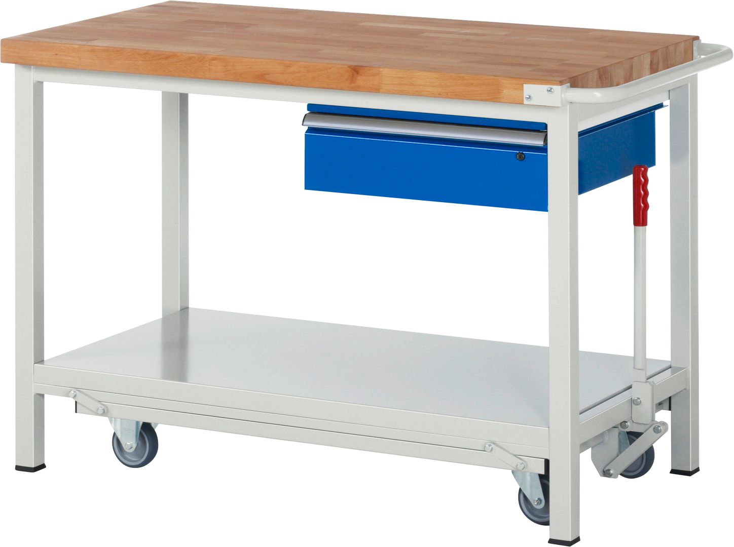 Mobile absenkbare Werkbank mit 1 Schublade - 150:1 - 880 x 1.250 x 700 mm (HxBxT) - Traglast 1.250 kg - Buche - Anthrazitgrau