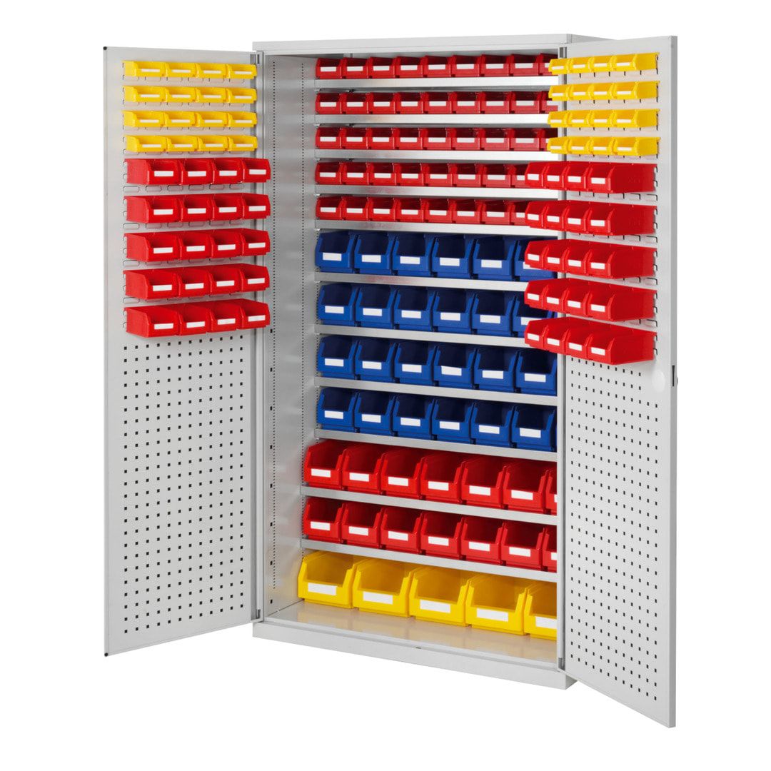 Magazinschrank - 169 Sichtlagerkästen - Loch-/Schlitzplatten Türen - 11 Böden - 1.950 x 1.130 x 590 mm (HxBxT) - lichtgrau